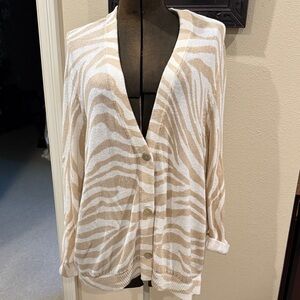 Chico’s Sz 4 (XL)Zebra Print Linen and Cotton Sweater in Neutral Beige and White
